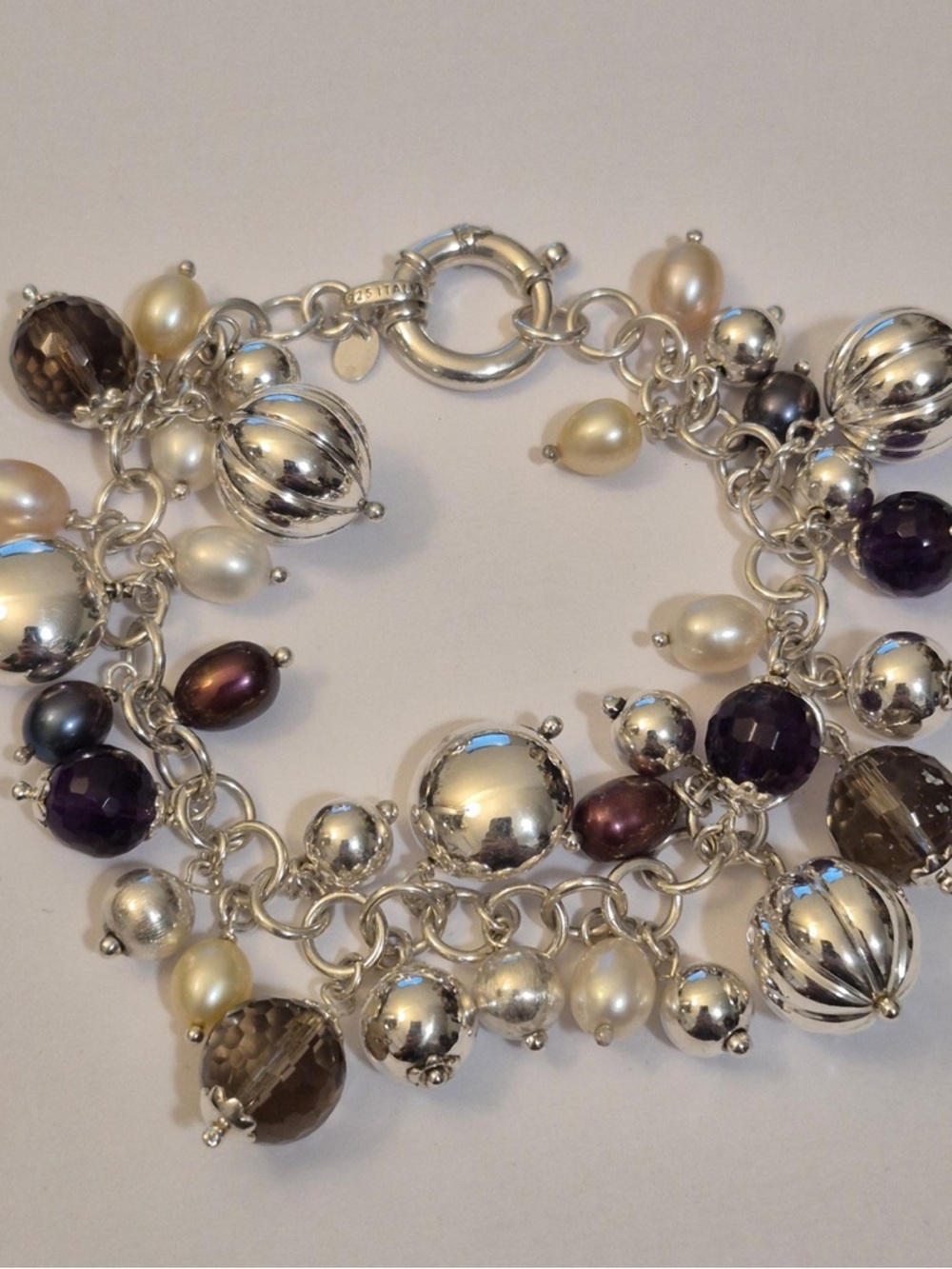 Milor Silver Charm Bracelet with Smoky Quartz,  Pearls and Amethyst Beads